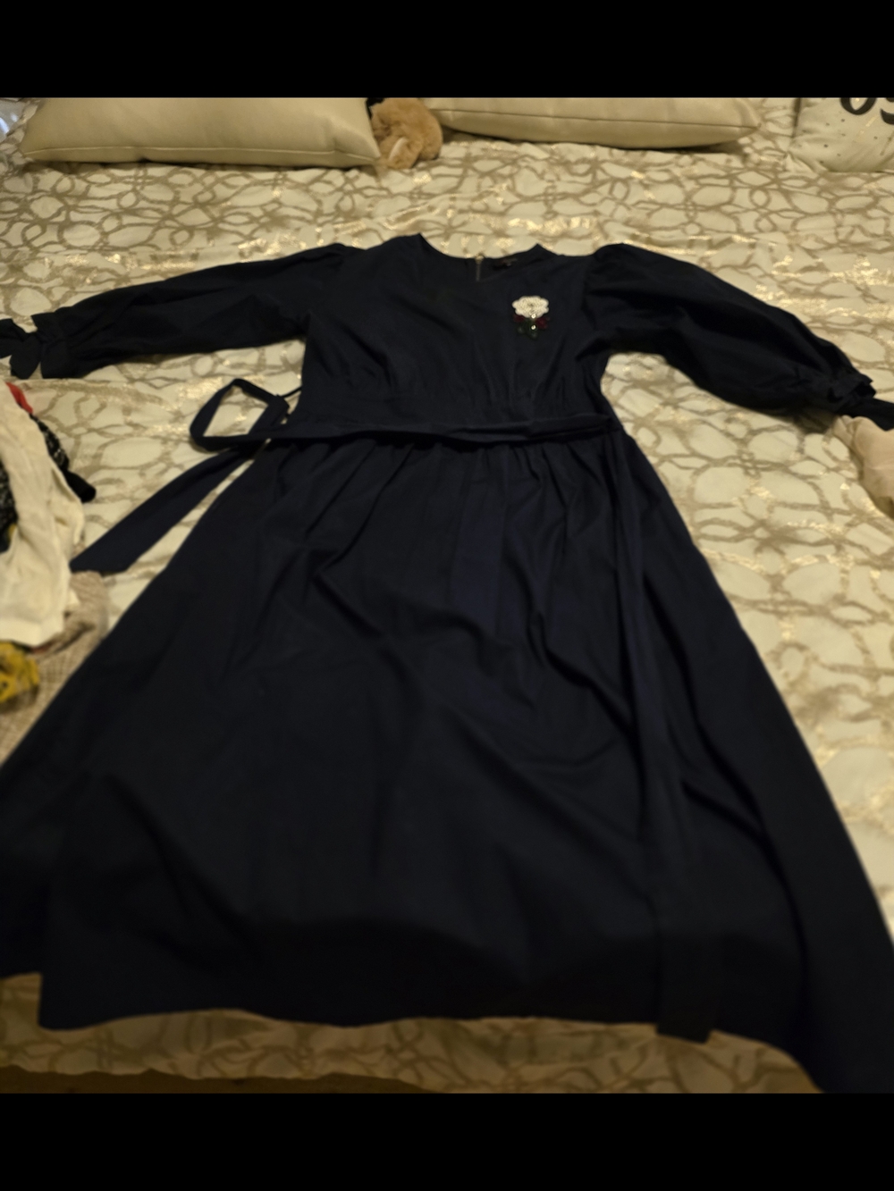 Classic Navy Women's Long Sleeve Dress with Waist Tie